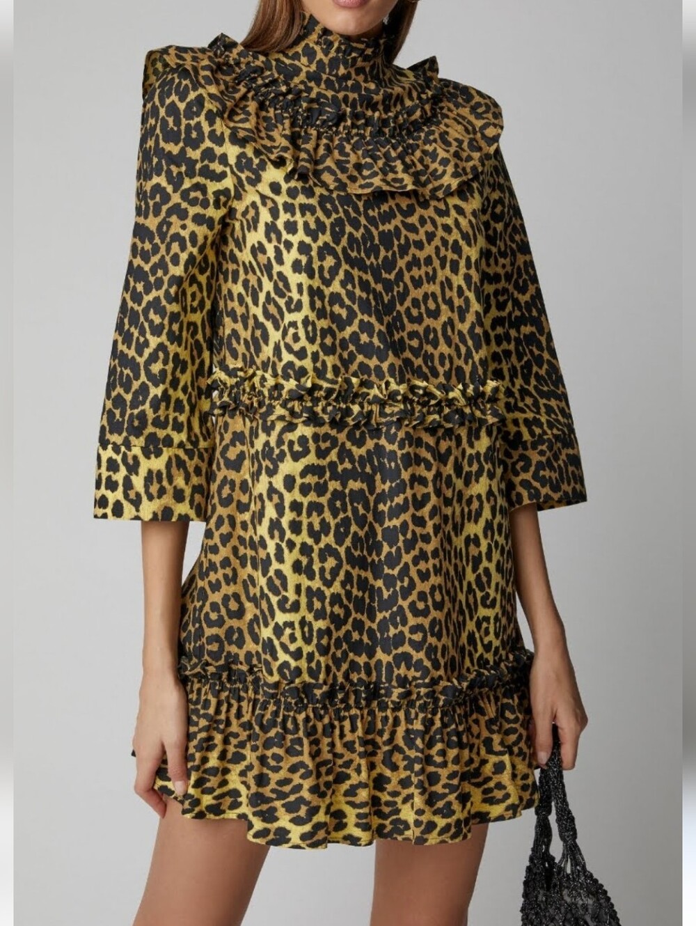 Ganni Leopard Print Ruffle Trim Mini Dress